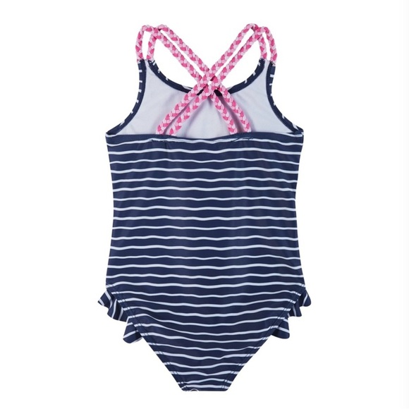 Andy & Evan NWT Sz 5 Kids Navy & White stripes with pink Flamingo Swimsuit - Picture 3 of 7